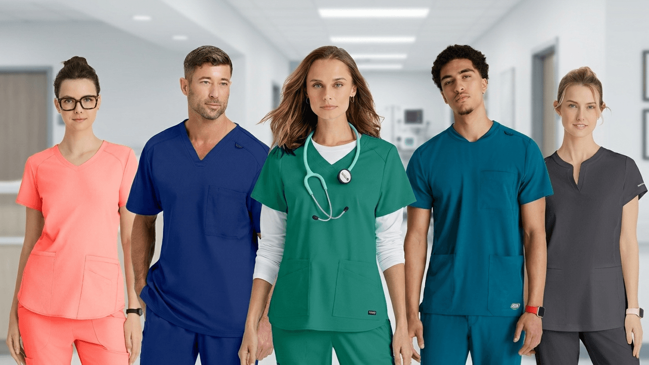 5 models wearing scrubs of different brands