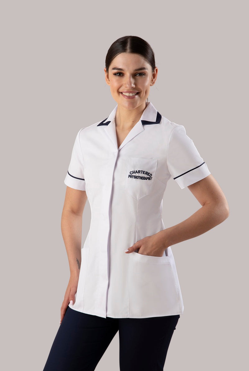 Physiotherapy Tunic with logo - Concealed Buttons + Square Collar | WHITE/NAVY