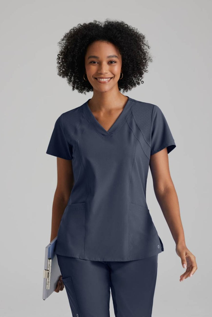 Barco One 4 Pocket V-Neck Perforated Panel Scrub Top | Steel