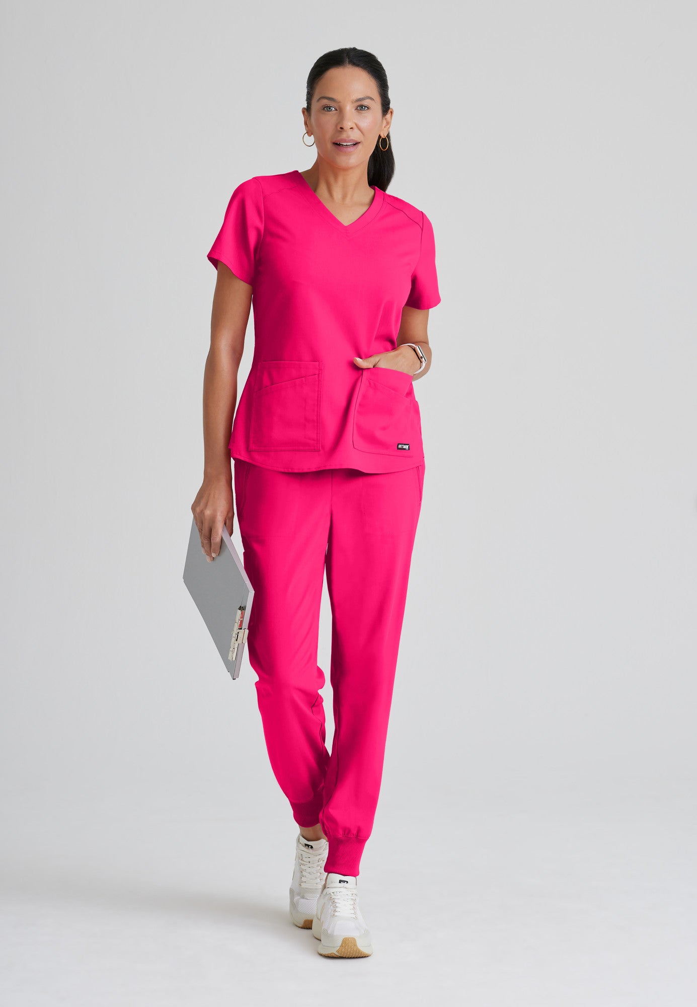 Greys Anatomy Emma 4 pocket, V-neck scrub top with angled seams | VIBRANCE PINK