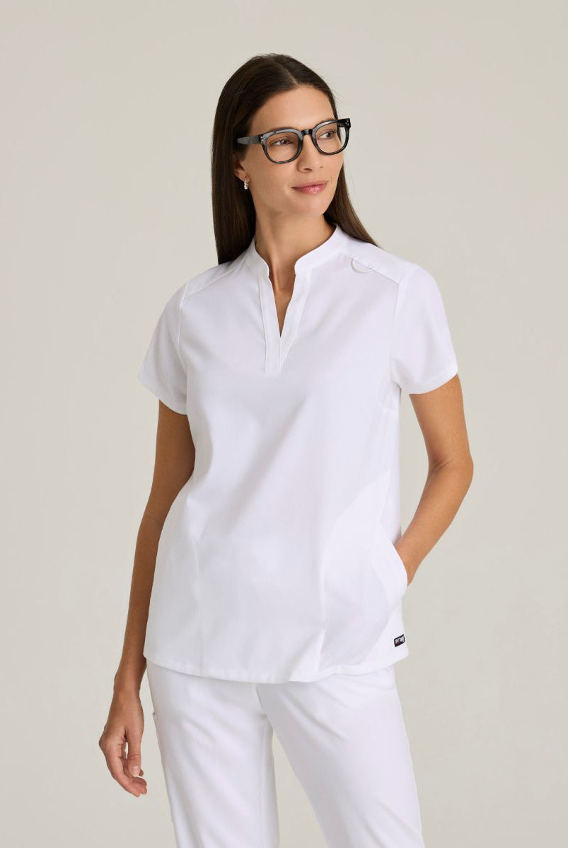 Grey's Anatomy Avery 2 Pocket Banded Collar Top | WHITE