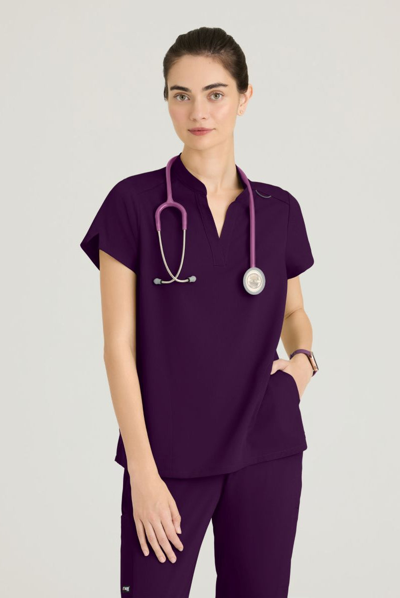 Grey's Anatomy Avery 2 Pocket Banded Collar Top | Eggplant