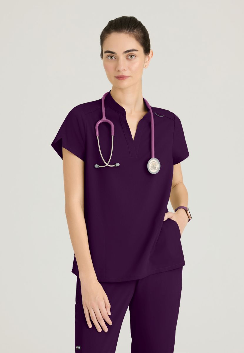 Grey's Anatomy Avery 2 Pocket Banded Collar Top | Eggplant