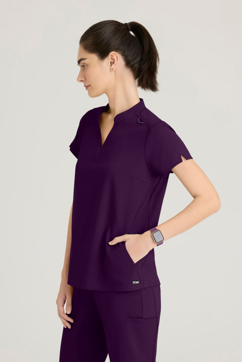 Grey's Anatomy Avery 2 Pocket Banded Collar Top | Eggplant