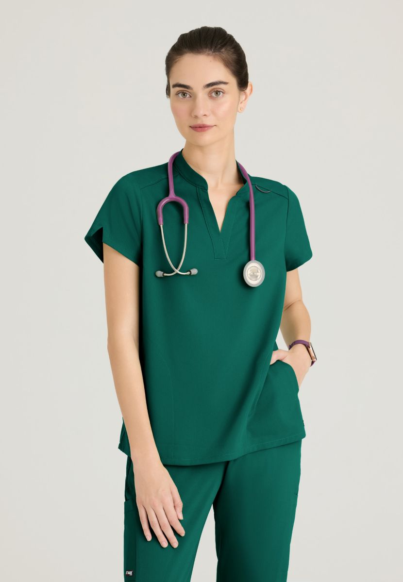 Grey's Anatomy Avery 2 Pocket Banded Collar Top | Hunter Green