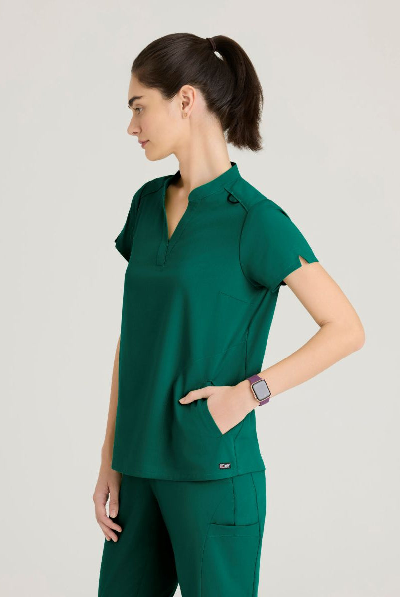 Grey's Anatomy Avery 2 Pocket Banded Collar Top | Hunter Green