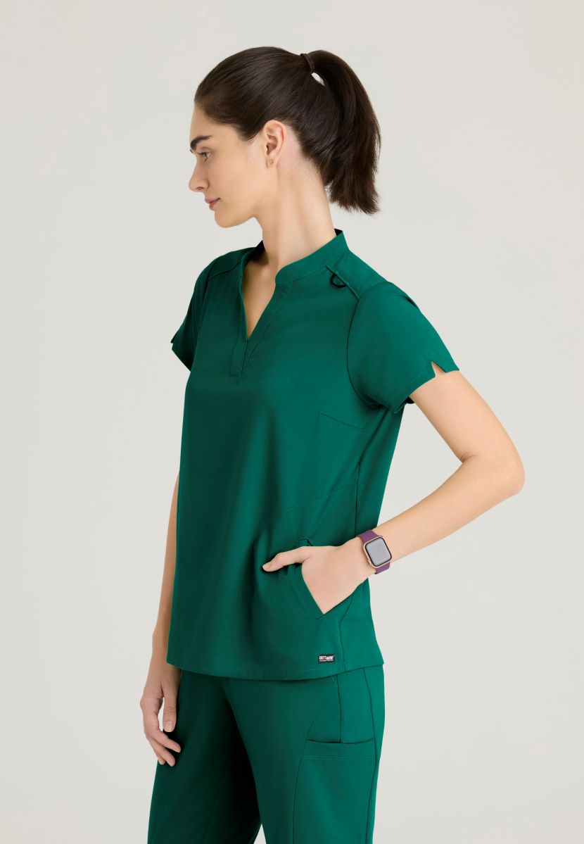 Grey's Anatomy Avery 2 Pocket Banded Collar Top | Hunter Green