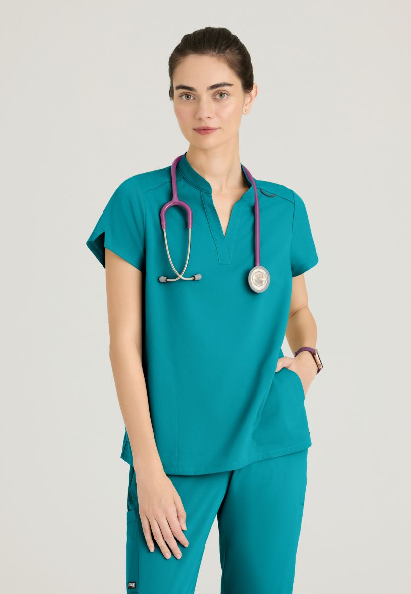 Grey's Anatomy Avery 2 Pocket Banded Collar Top | Teal