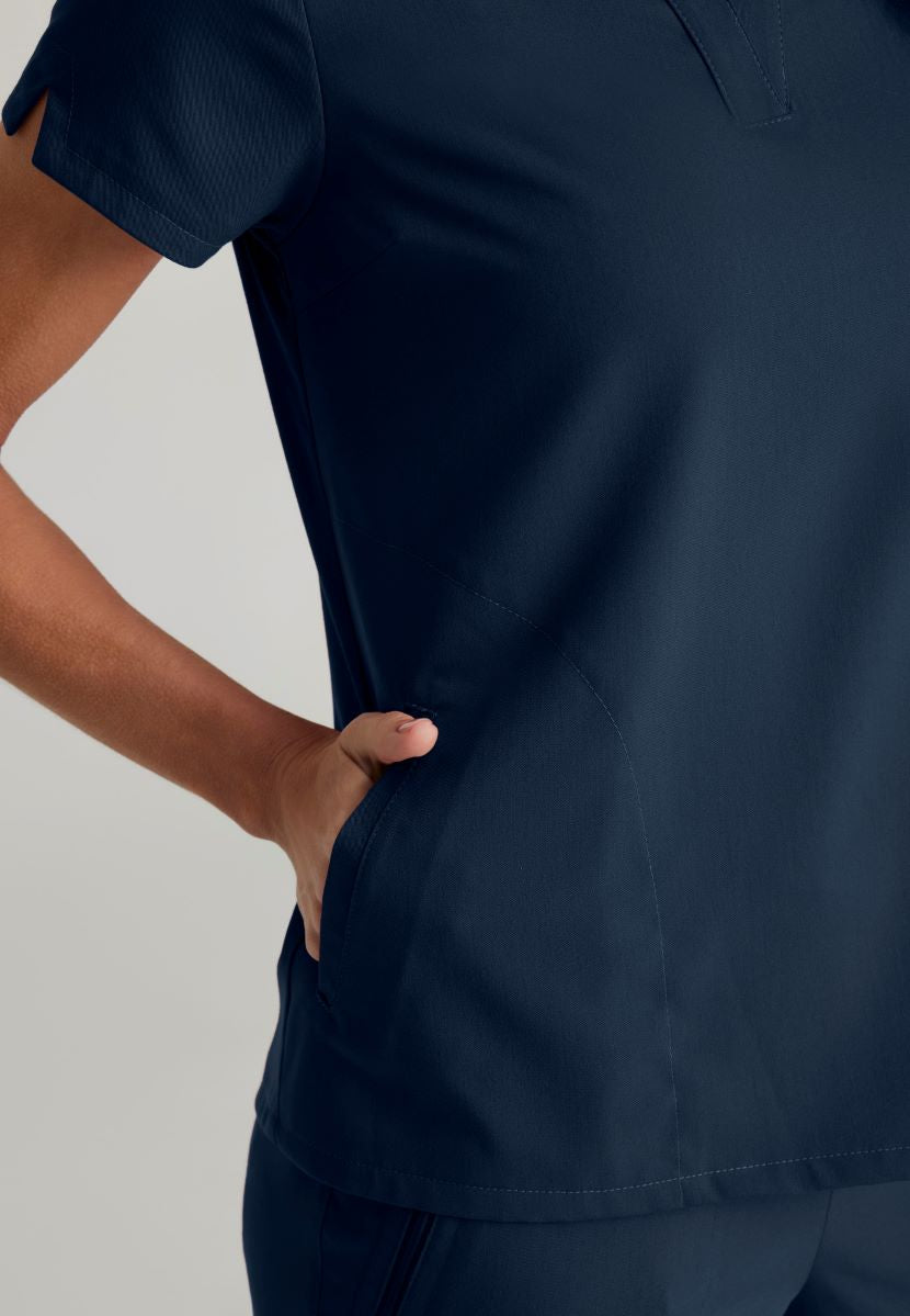 Grey's Anatomy Avery 2 Pocket Banded Collar Top | Steel