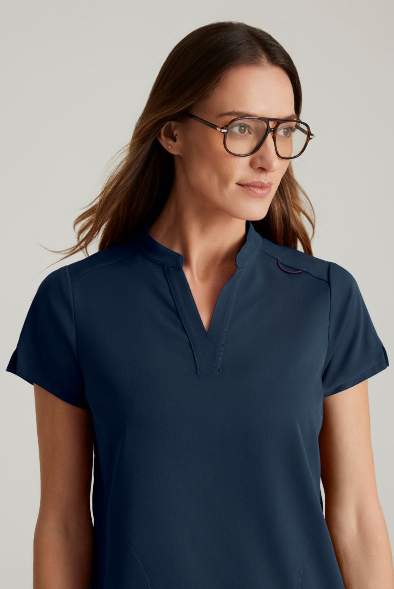 Grey's Anatomy Avery 2 Pocket Banded Collar Top | Steel