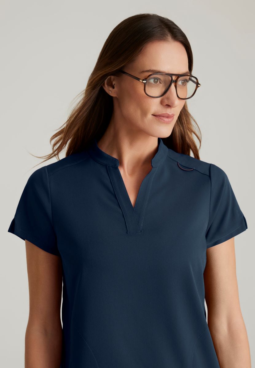 Grey's Anatomy Avery 2 Pocket Banded Collar Top | Steel