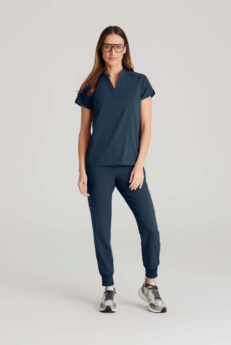 Grey's Anatomy Avery 2 Pocket Banded Collar Top | Steel