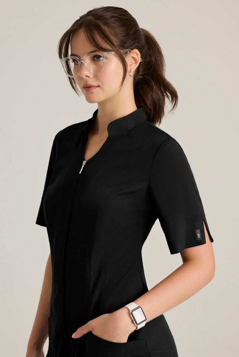 Grey's Anatomy Spandex Stretch Women's Sahar 2-Pocket Banded Collar Top | BLACK