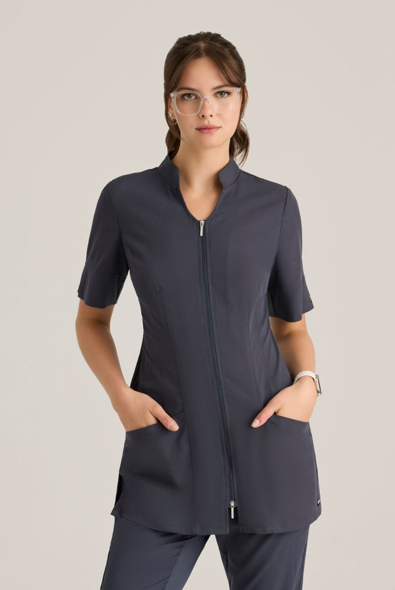 Grey's Anatomy Spandex Stretch Women's Sahar 2-Pocket Banded Collar Top | Steel