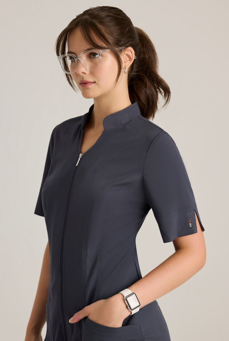 Grey's Anatomy Spandex Stretch Women's Sahar 2-Pocket Banded Collar Top | Steel