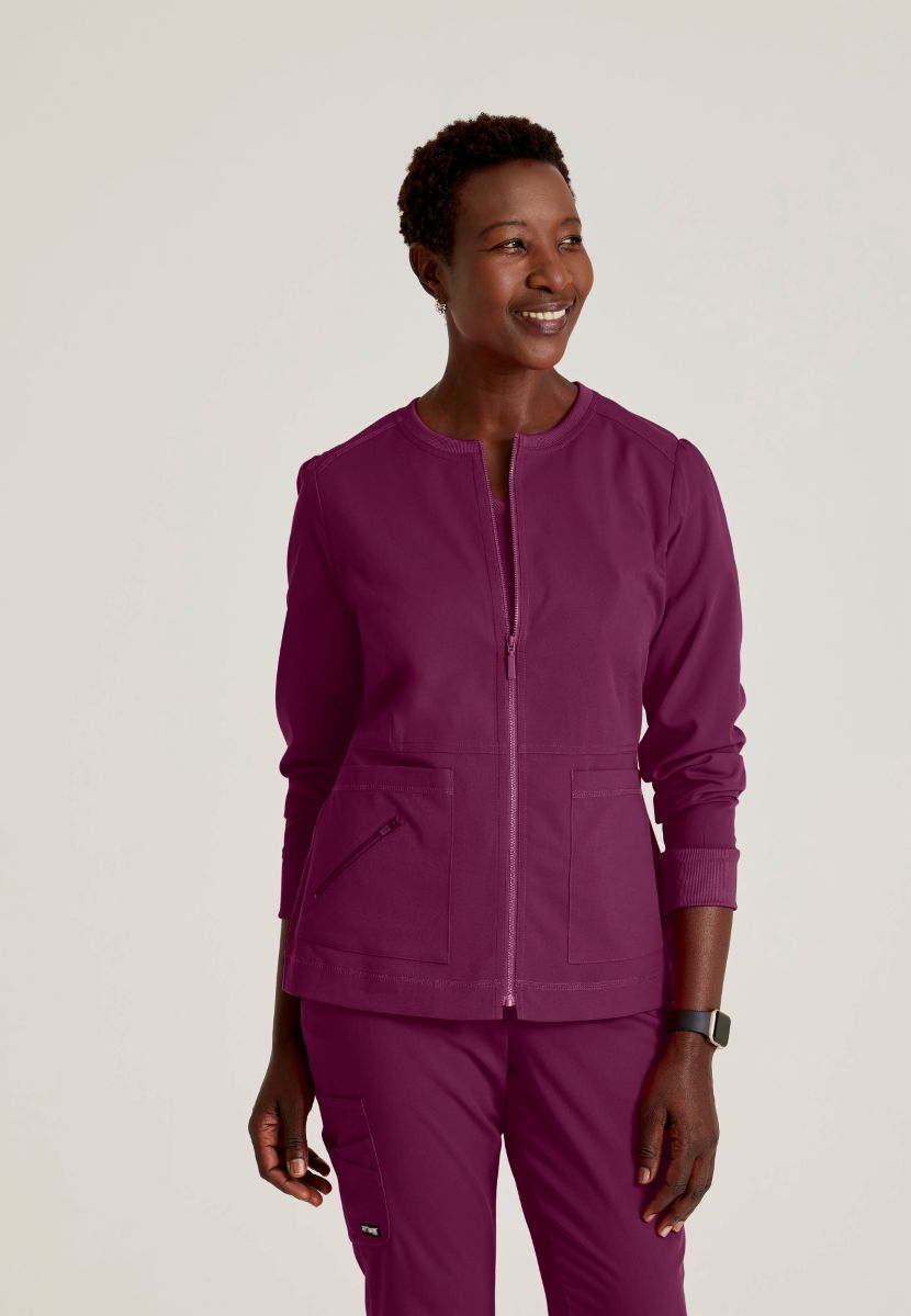 Grey's Anatomy Spandex Stretch Millie Jacket-3 Pocket Zip Jacket | Wine