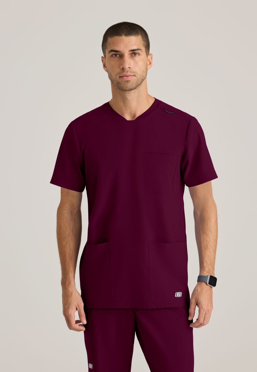 SKECHERS MALE THESIS THREE POCKET, ROUNDED NECKLINE SCRUB TOP | Wine