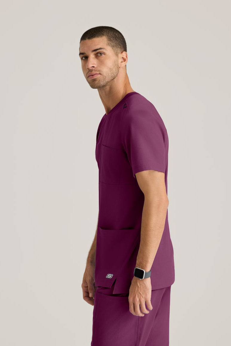 SKECHERS MALE THESIS THREE POCKET, ROUNDED NECKLINE SCRUB TOP | Wine