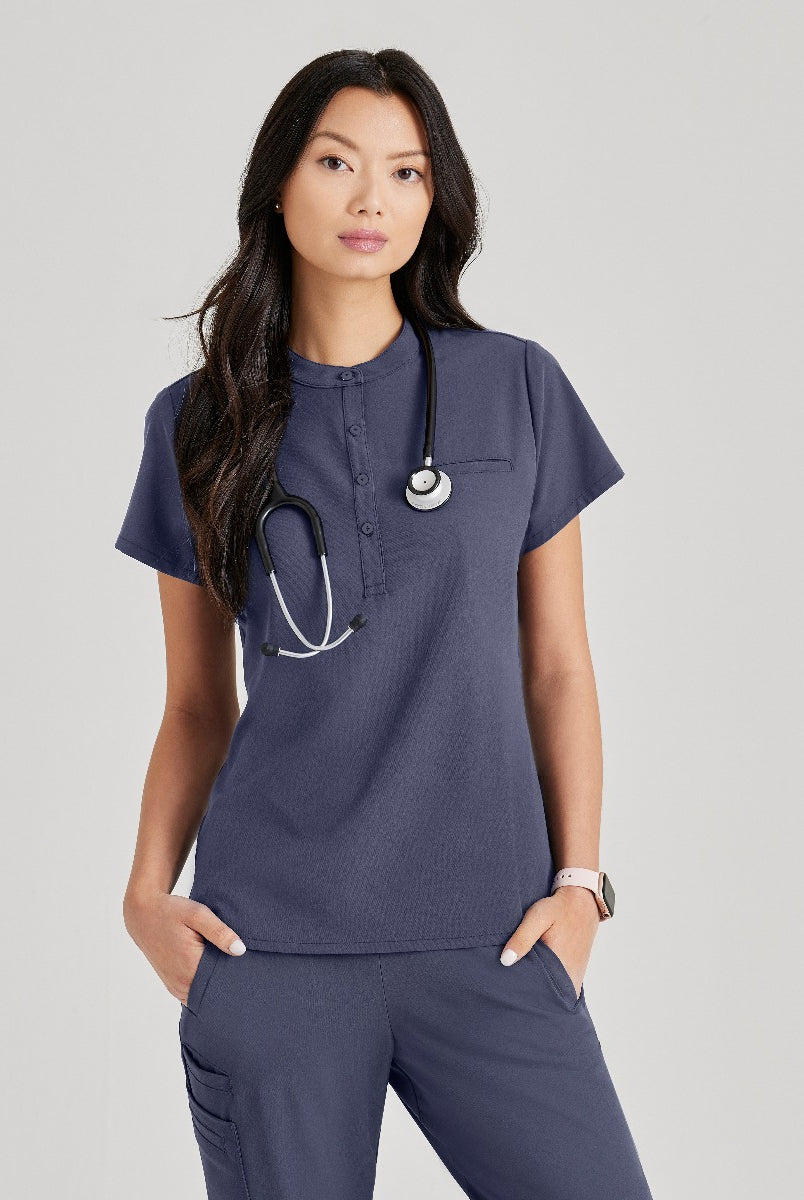 Barco Unify 1-Pocket Button Collar Tuck-In ScrubTop | Steel