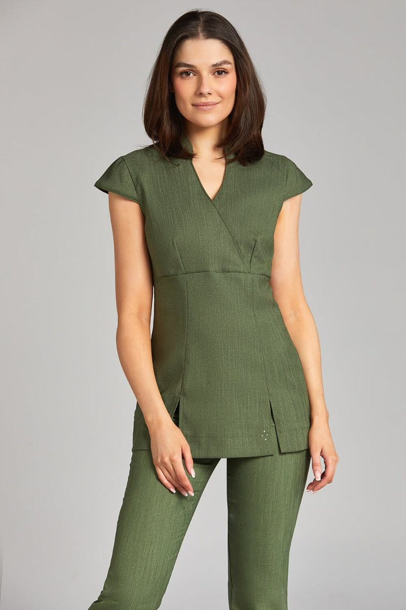 NICOLE WRAP EFFECT BEAUTY TUNIC | MOSS GREEN LINEN LOOK