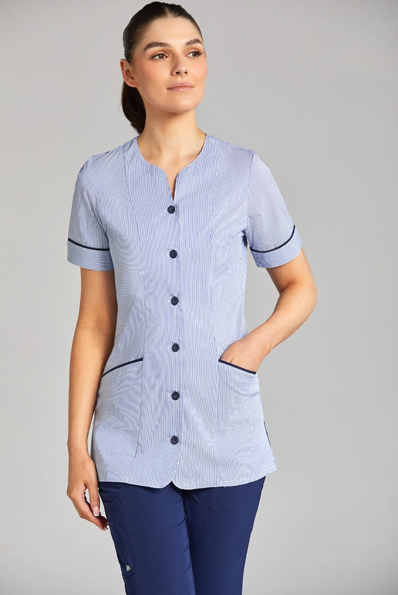 Nursing Uniform Tunic - PH1A Sweetheart Neckline + Button Front | BLUE STRIPE/NAVY