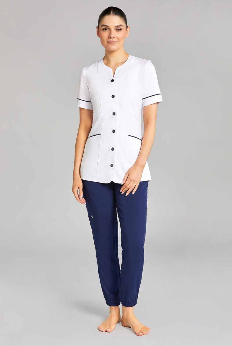 Nursing Uniform Tunic - PH1A Sweetheart Neckline + Button Front | WHITE/NAVY