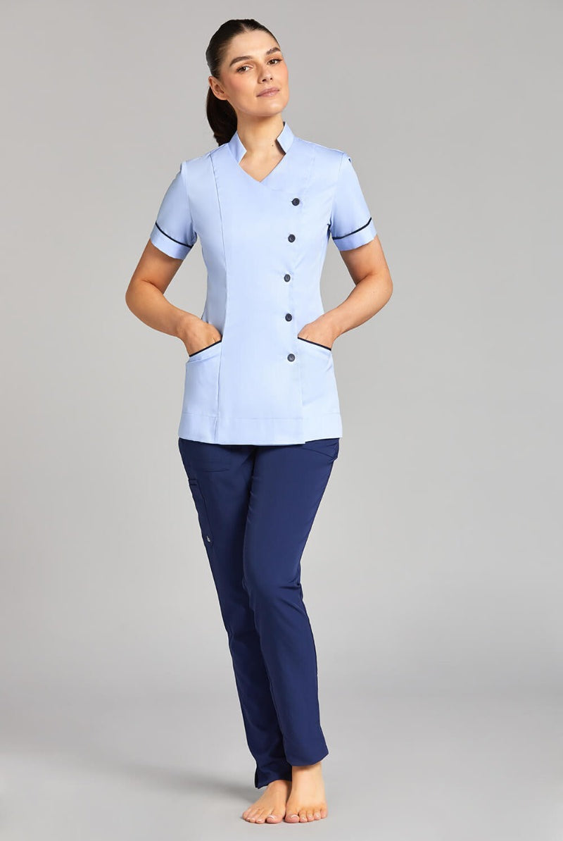 Nursing Uniform Tunic L2- Side Buttoned Front and Collar | SKY/NAVY