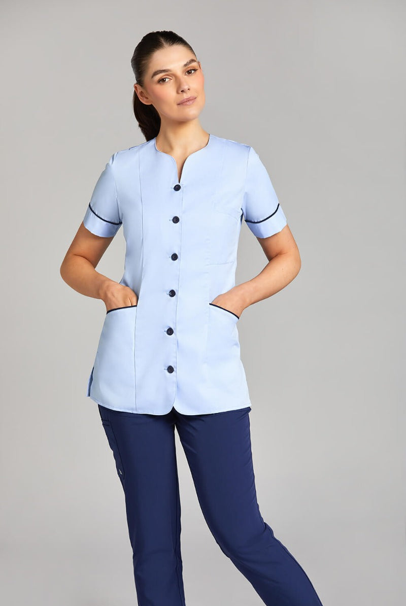 Nursing Uniform Tunic - PH1A Sweetheart Neckline + Button Front | SKY/NAVY