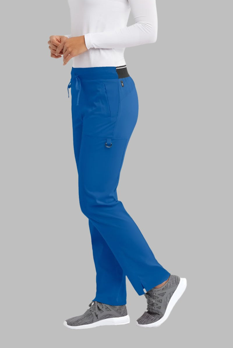 Greys Anatomy Kim 3 Pocket Elastic Back Waistband Zip-Pocket Pants PETITE (29") leg length | New Royal