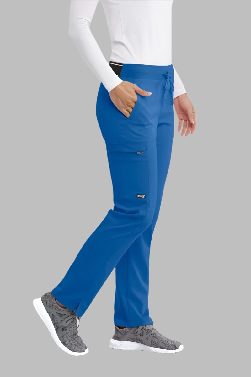 Greys Anatomy Kim 3 Pocket Elastic Back Waistband Zip-Pocket Pants PETITE (29") leg length | New Royal