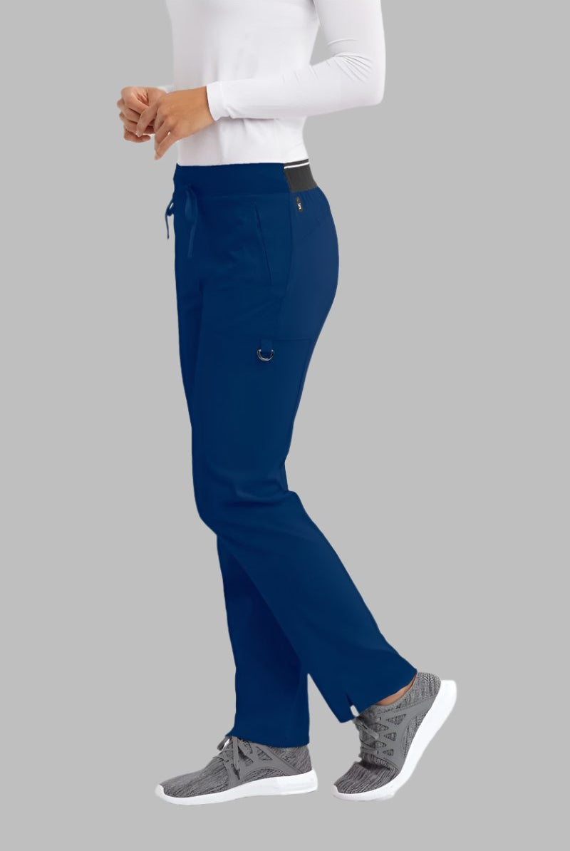 Greys Anatomy Kim 3 Pocket Elastic Back Waistband Zip-Pocket Pants PETITE (29") leg length | NAVY