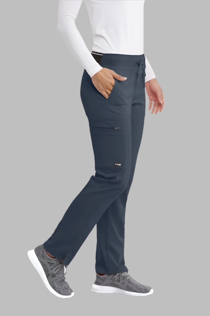 Greys Anatomy Kim 3 Pocket Elastic Back Waistband Zip-Pocket Pants PETITE (29") leg length | Steel