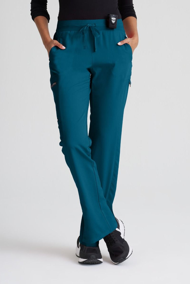 Greys Anatomy Kim 3 Pocket Elastic Back Waistband Zip-Pocket Pants PETITE (29") leg length | Bahama / Caribbean