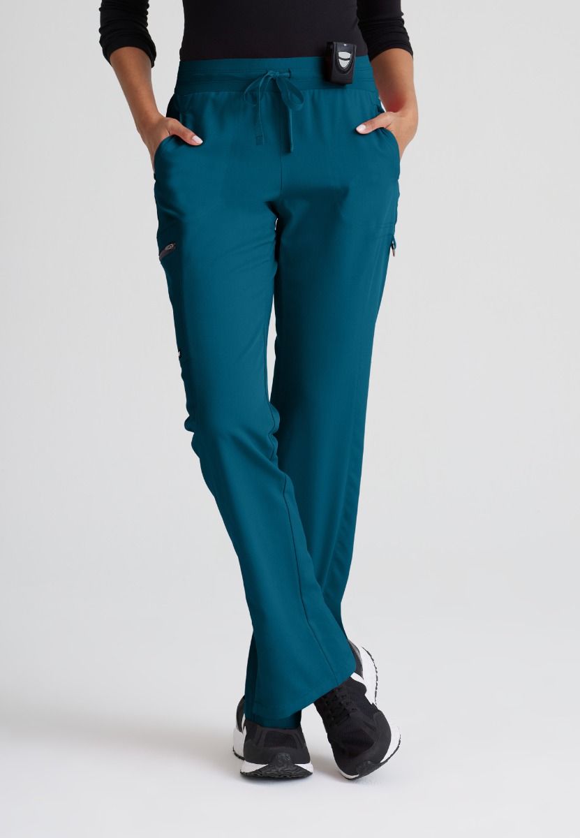 Greys Anatomy Kim 3 Pocket Elastic Back Waistband Zip-Pocket Pants PETITE (29") leg length | Bahama / Caribbean