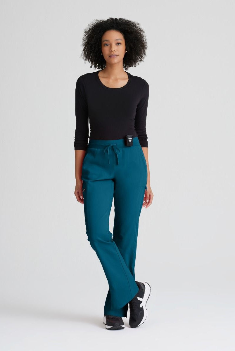 Greys Anatomy Kim 3 Pocket Elastic Back Waistband Zip-Pocket Pants PETITE (29") leg length | Bahama / Caribbean