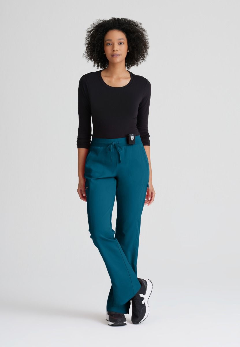 Greys Anatomy Kim 3 Pocket Elastic Back Waistband Zip-Pocket Pants PETITE (29") leg length | Bahama / Caribbean