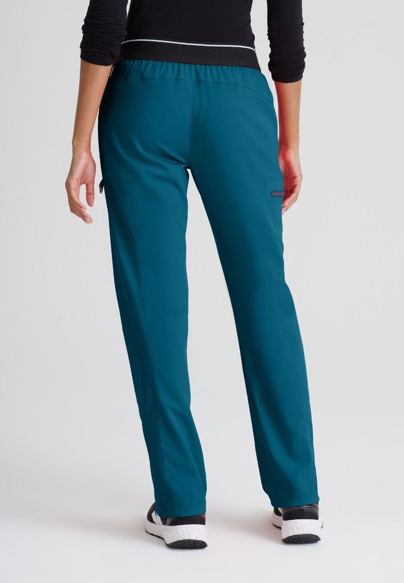 Greys Anatomy Kim 3 Pocket Elastic Back Waistband Zip-Pocket Pants PETITE (29") leg length | Bahama / Caribbean
