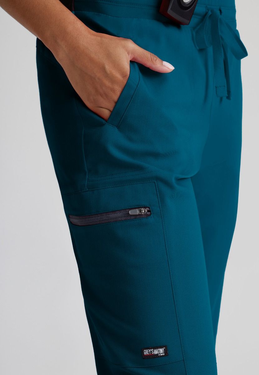 Greys Anatomy Kim 3 Pocket Elastic Back Waistband Zip-Pocket Pants PETITE (29") leg length | Bahama / Caribbean