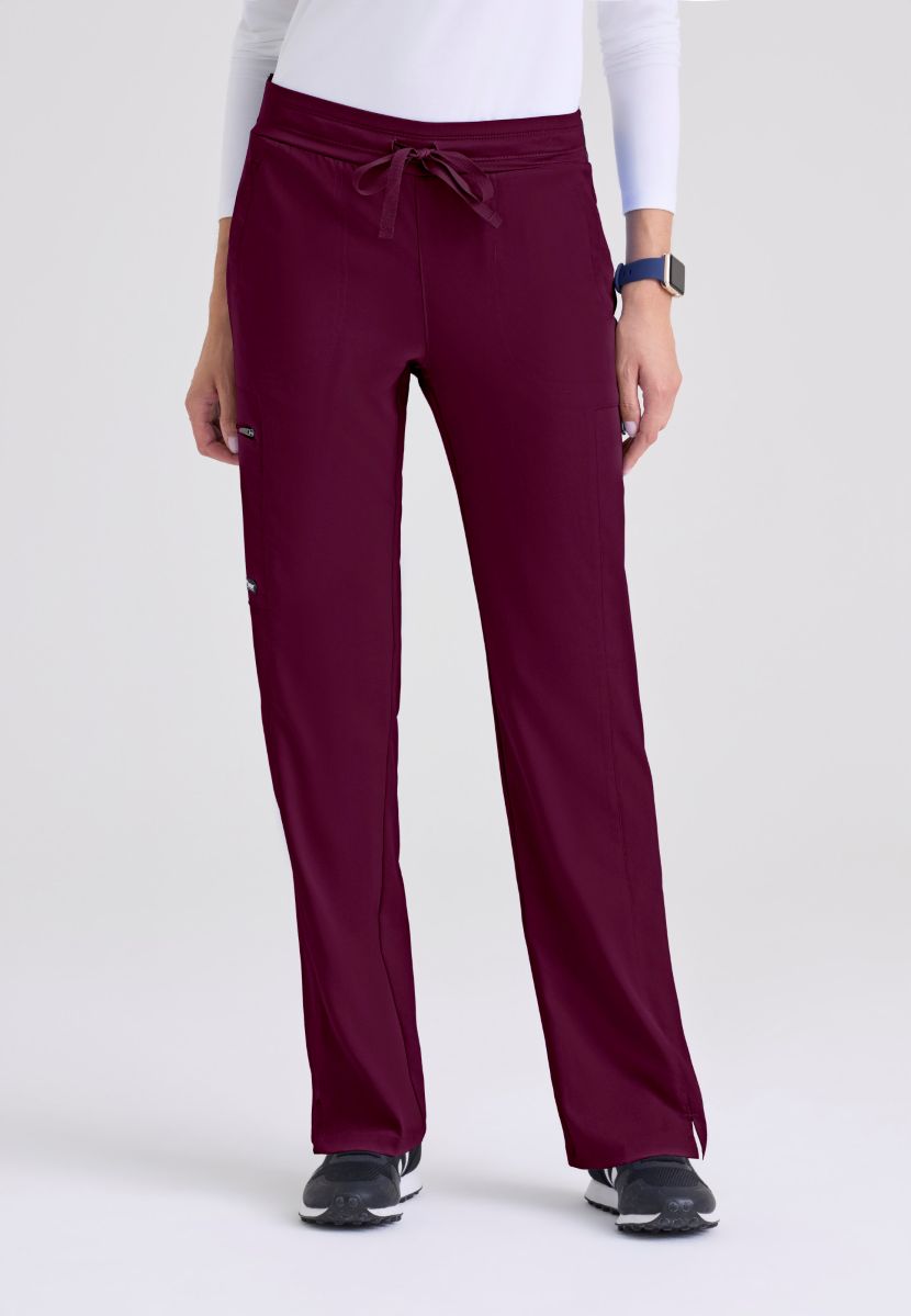 Greys Anatomy Kim 3 Pocket Elastic Back Waistband Zip-Pocket Pants | Wine