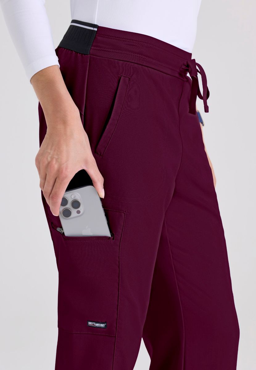 Greys Anatomy Kim 3 Pocket Elastic Back Waistband Zip-Pocket Pants | Wine
