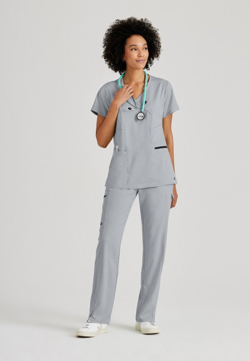 Greys Anatomy V-Neck Kim Top with Zip Front Pocket | Moonstruck