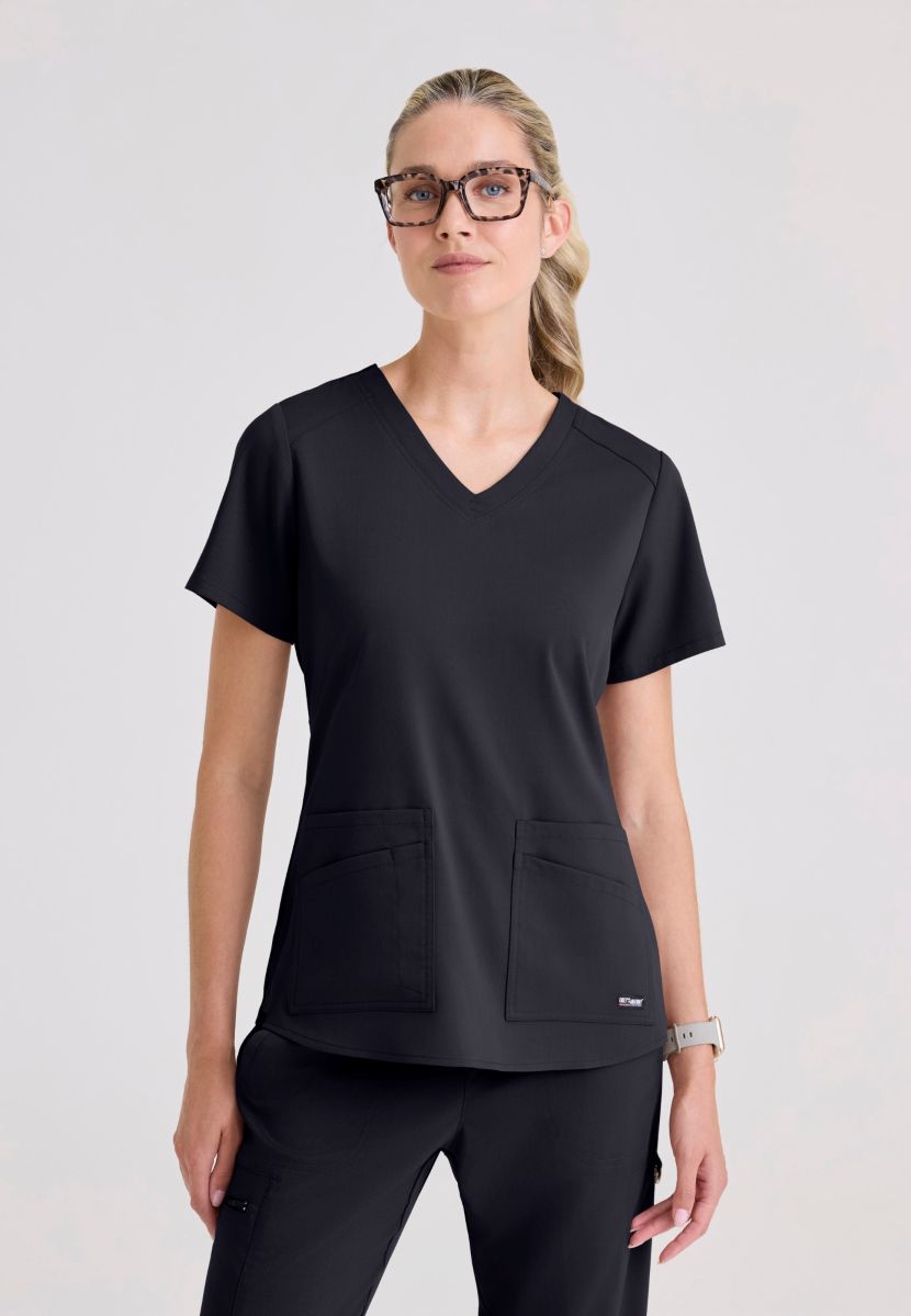 Greys Anatomy Emma 4 pocket, V-neck scrub top with angled seams | Steel