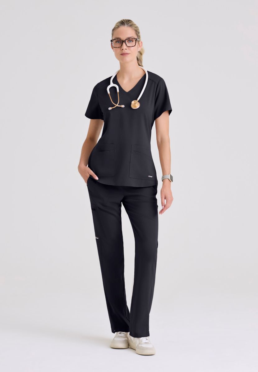 Greys Anatomy Emma 4 pocket, V-neck scrub top with angled seams | Steel