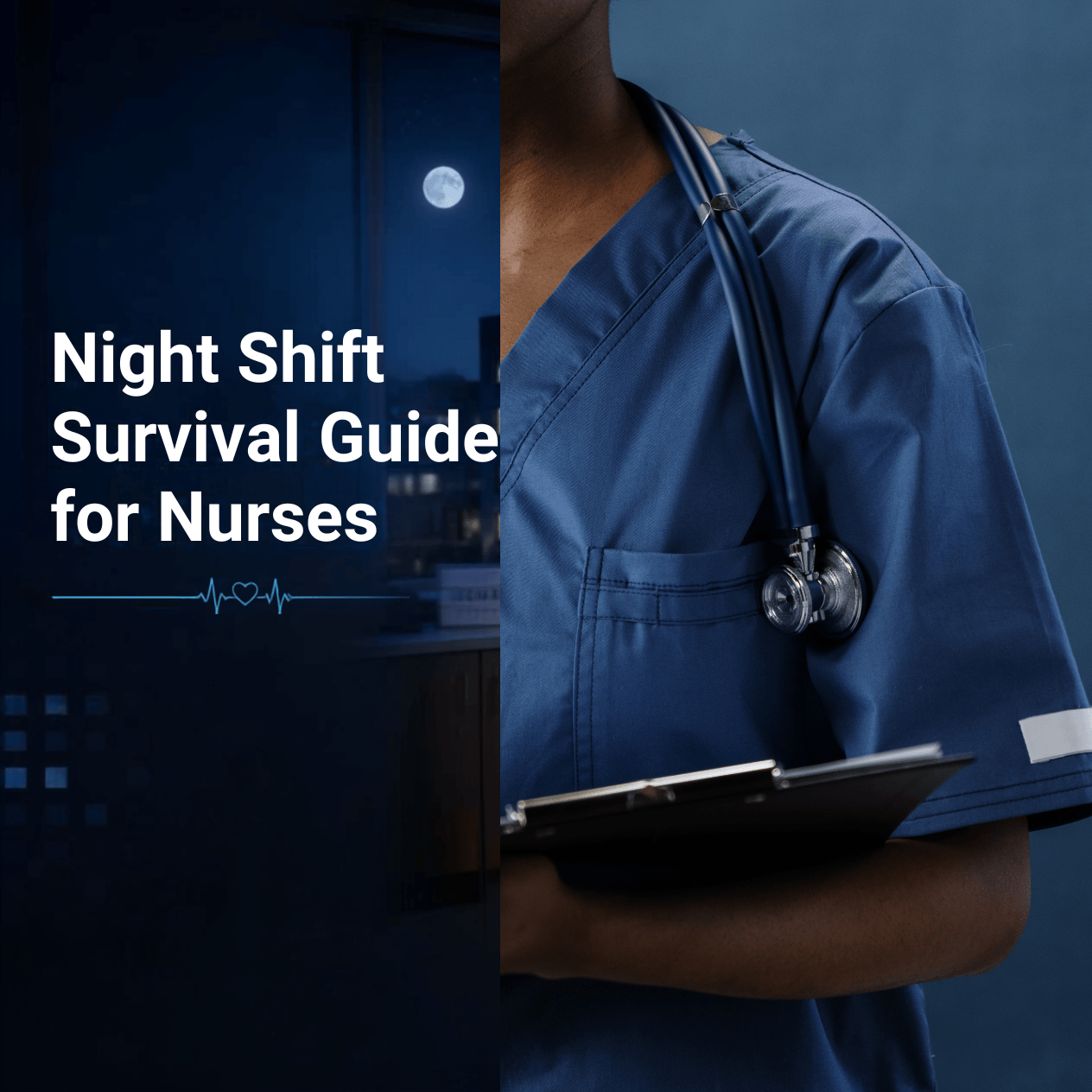 A healthcare professional in blue scrubs holding a clipboard, next to text that reads "Night Shift Survival Guide for Nurses."