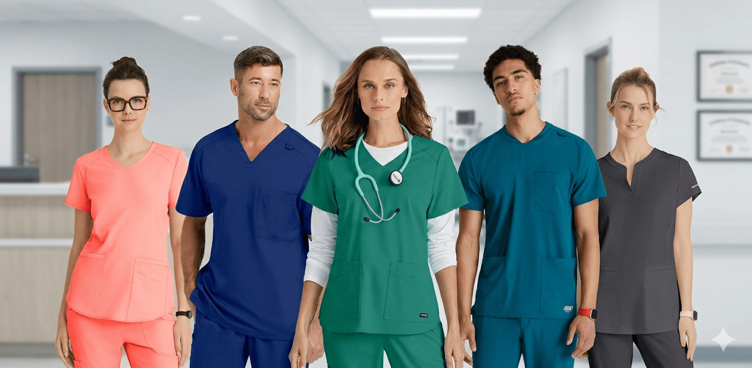 5 models wearing scrubs of different brands
