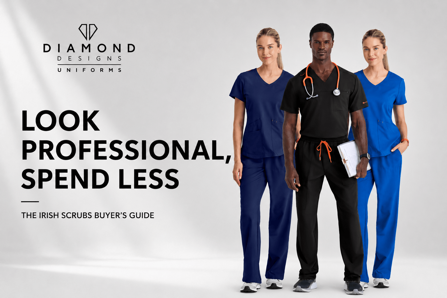 Illustration with 3 models wearing scrubs and text 'Look Professional, Spend Less: The Irish Scrubs Buyer's Guide'