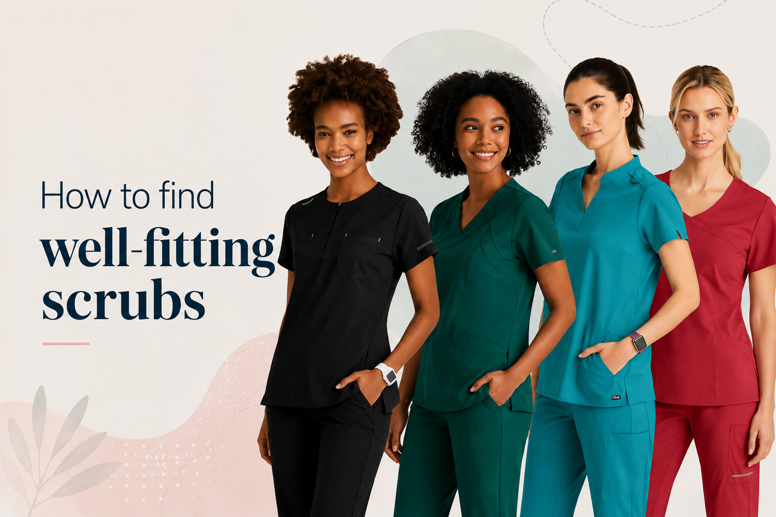 4 models wearing greys anatomy and skechers scrubs and a text that reads 'how to find well-fitting scrubs'