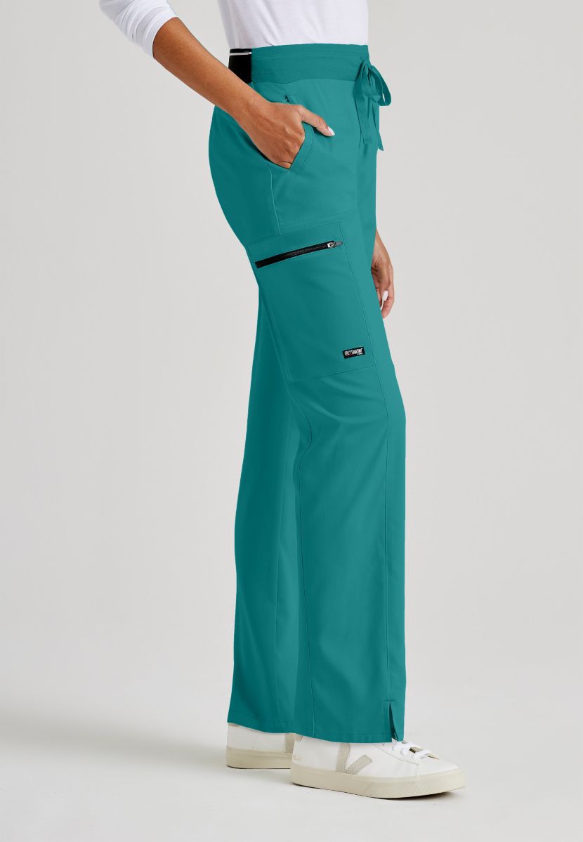 Greys Anatomy Kim 3 Pocket Elastic Back Waistband Zip-Pocket Pants | Teal