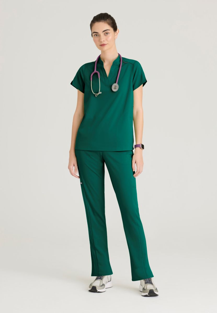 Grey's Anatomy Avery 2 Pocket Banded Collar Top | Hunter Green