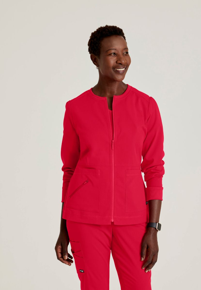 Grey's Anatomy Spandex Stretch Millie Jacket-3 Pocket Zip Jacket | Scarlet Red